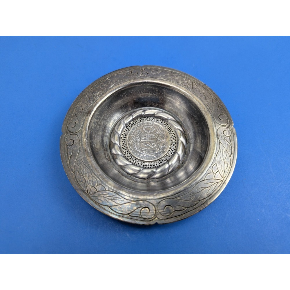 Antique Peruvian Silver Coin Bowl Trinket Tray Dish Ornate Etched Rim 1915 Sol